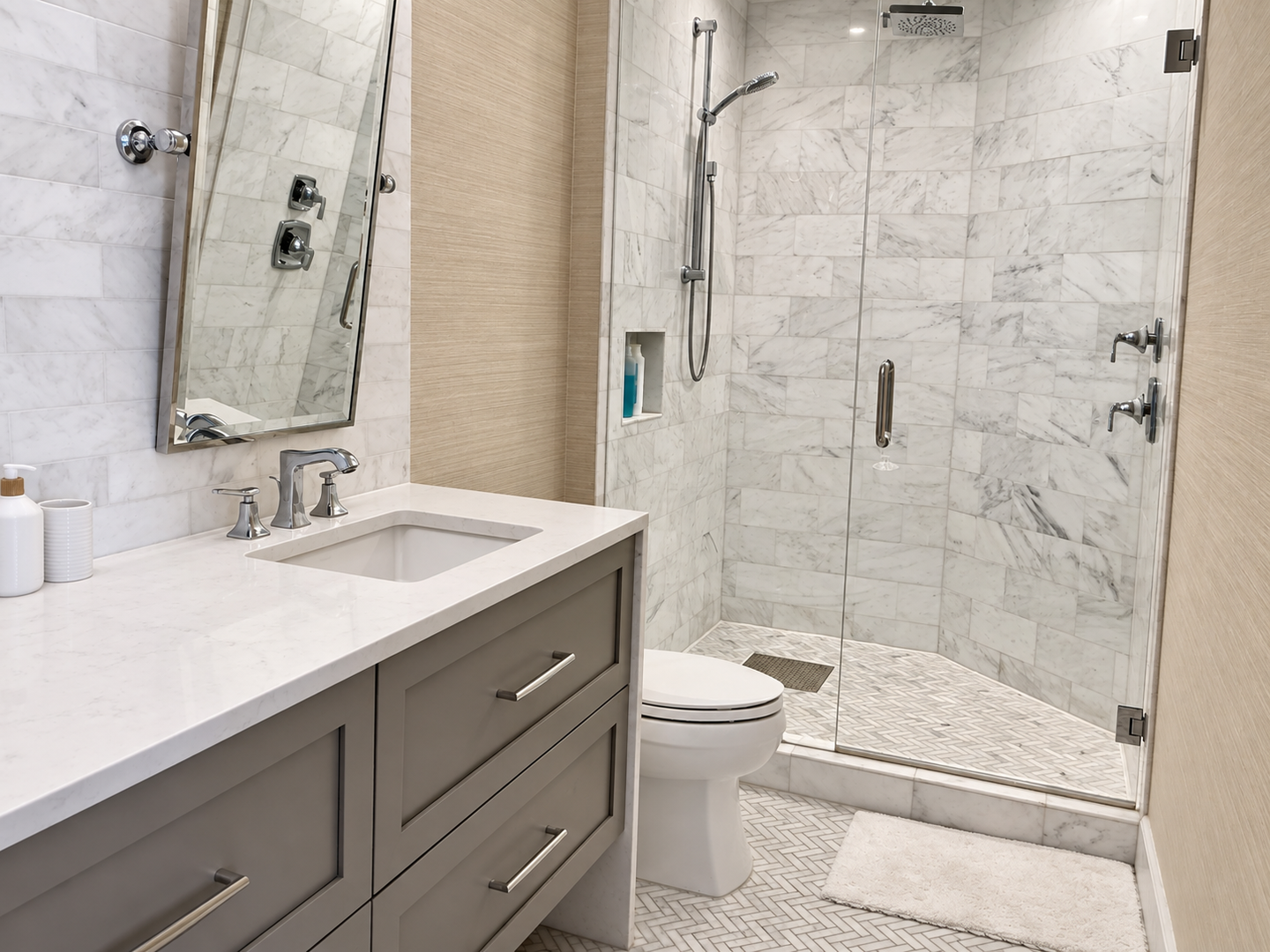 Refined marble bathroom with glass shower