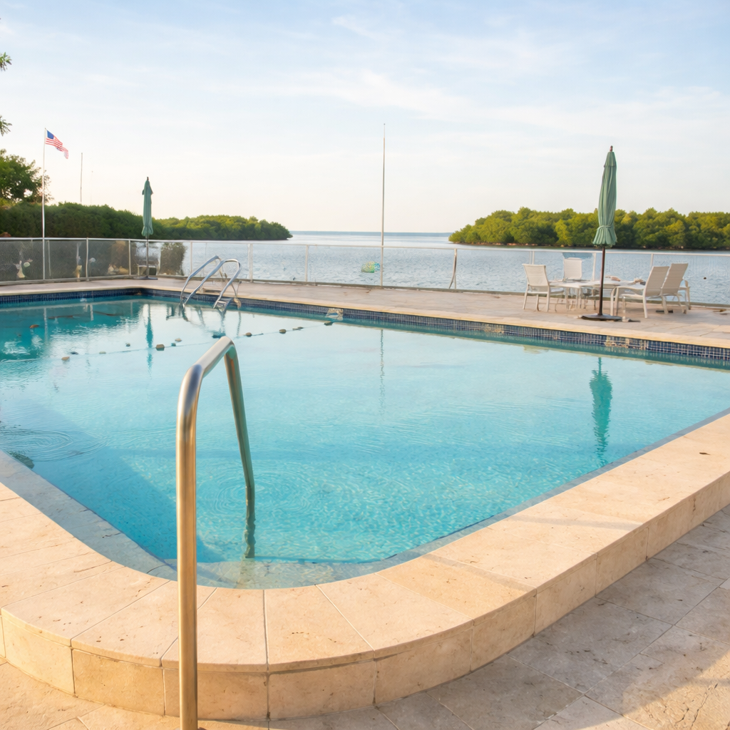 Waterfront pool area with bay views, outdoor seating, and peaceful natural surroundings create the perfect retreat setting.