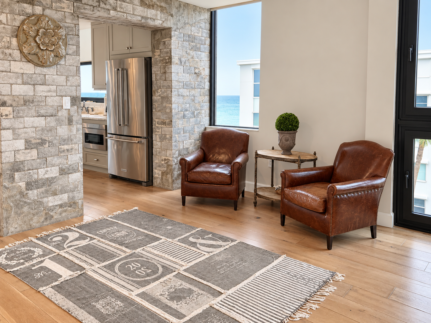 Elegant Living Room with Stone Wall