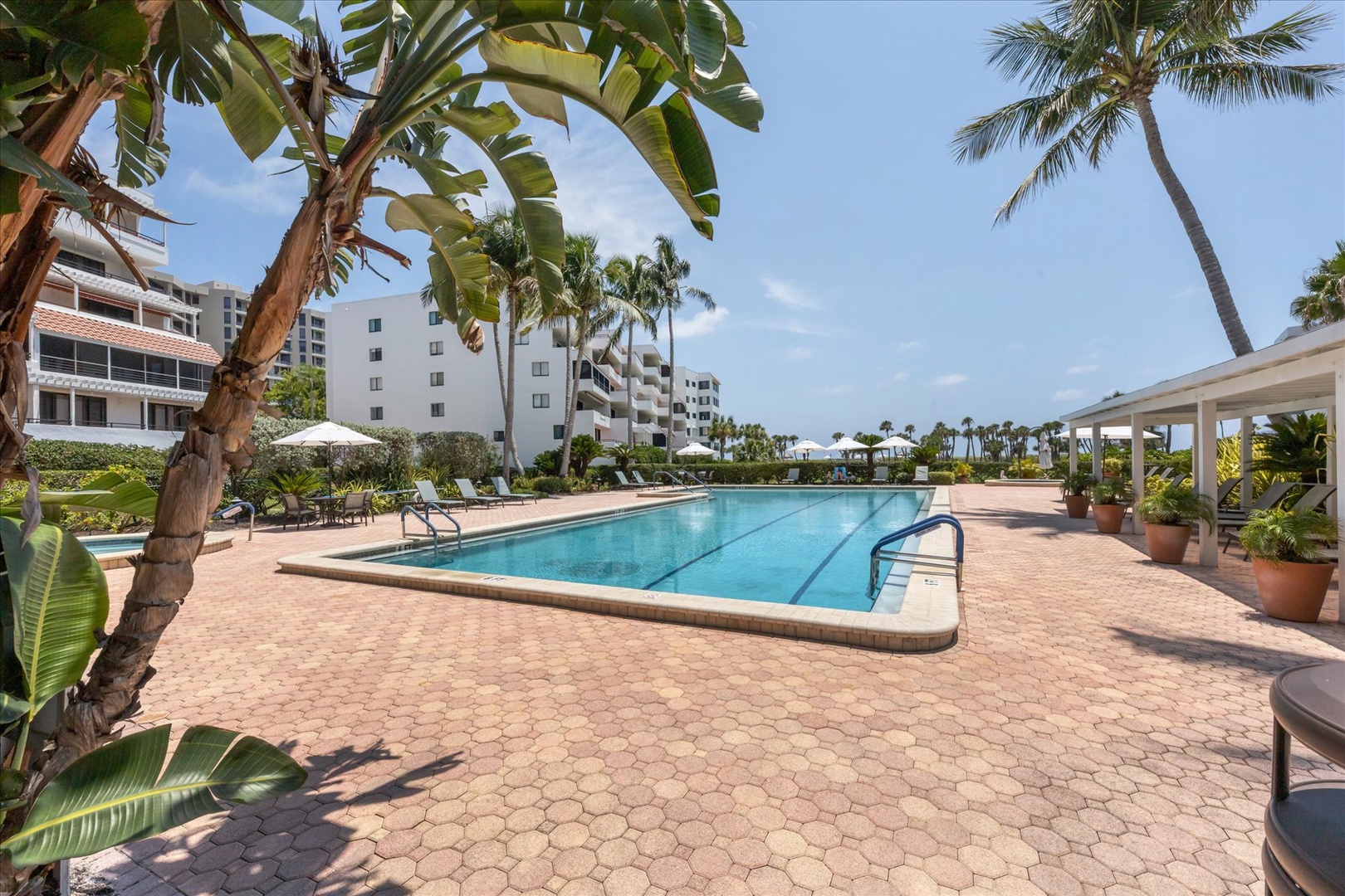 Tropical swimming pool area surrounded by lush palms and modern resort buildings in a serene daytime setting.