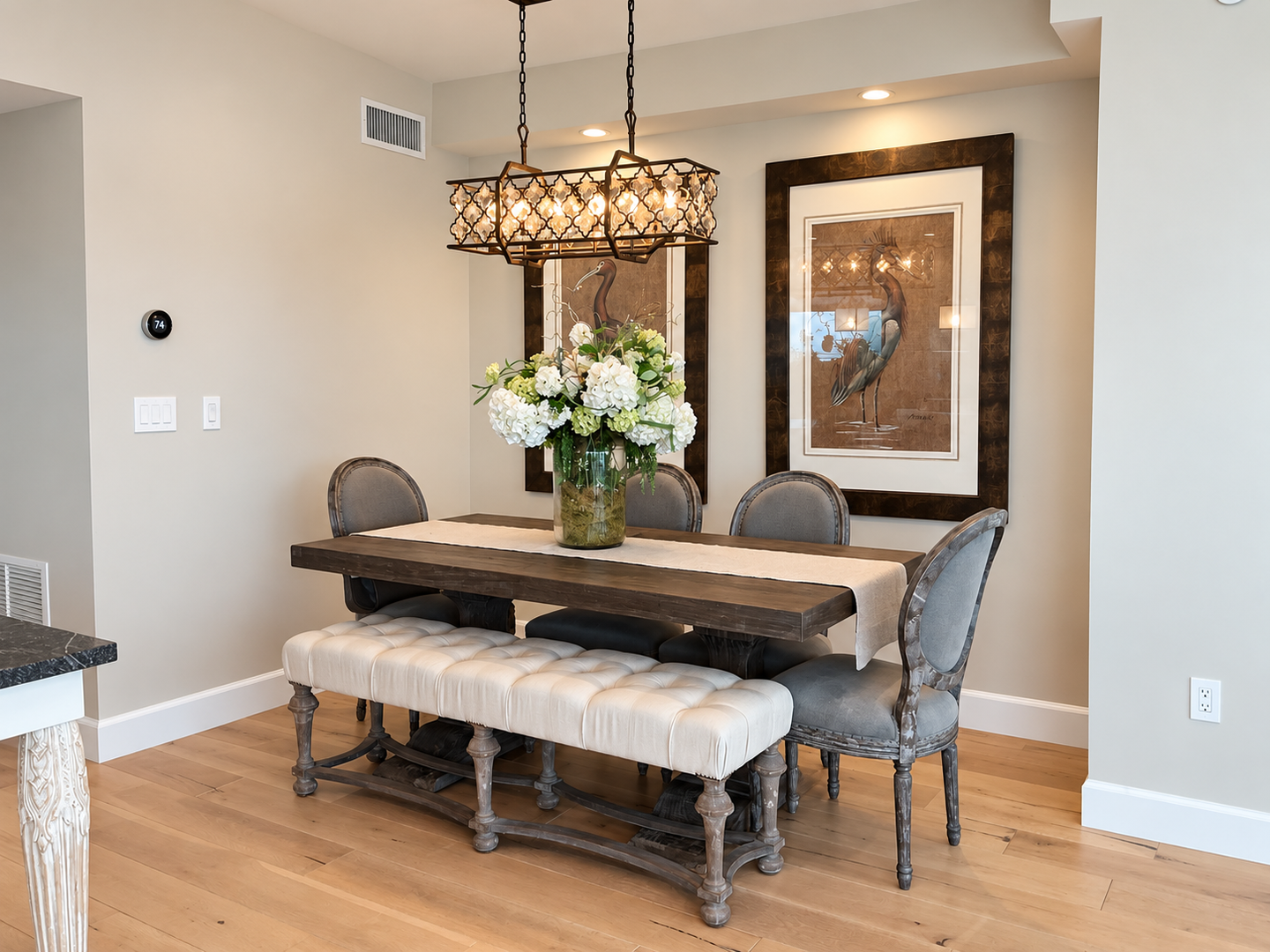 Elegant dining room with floral centerpiece