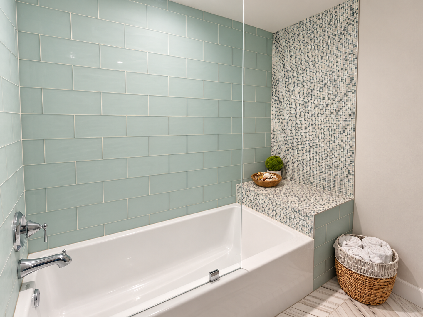Bright bathroom with mosaic shelf