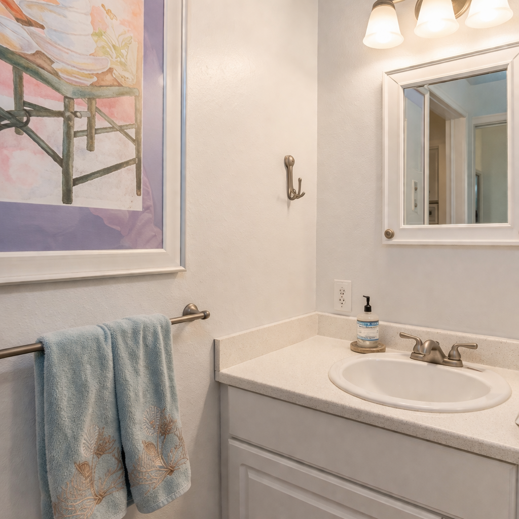 Your bright, thoughtfully appointed half bathroom features elegant fixtures and artistic touches that make your daily routines feel special.