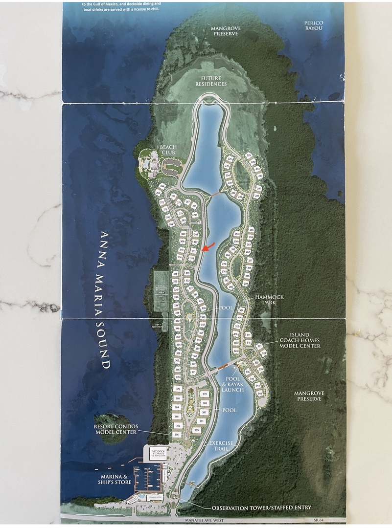 Detailed resort map showcasing the complete waterfront development with residential areas, beach access, and recreational amenities throughout the property.