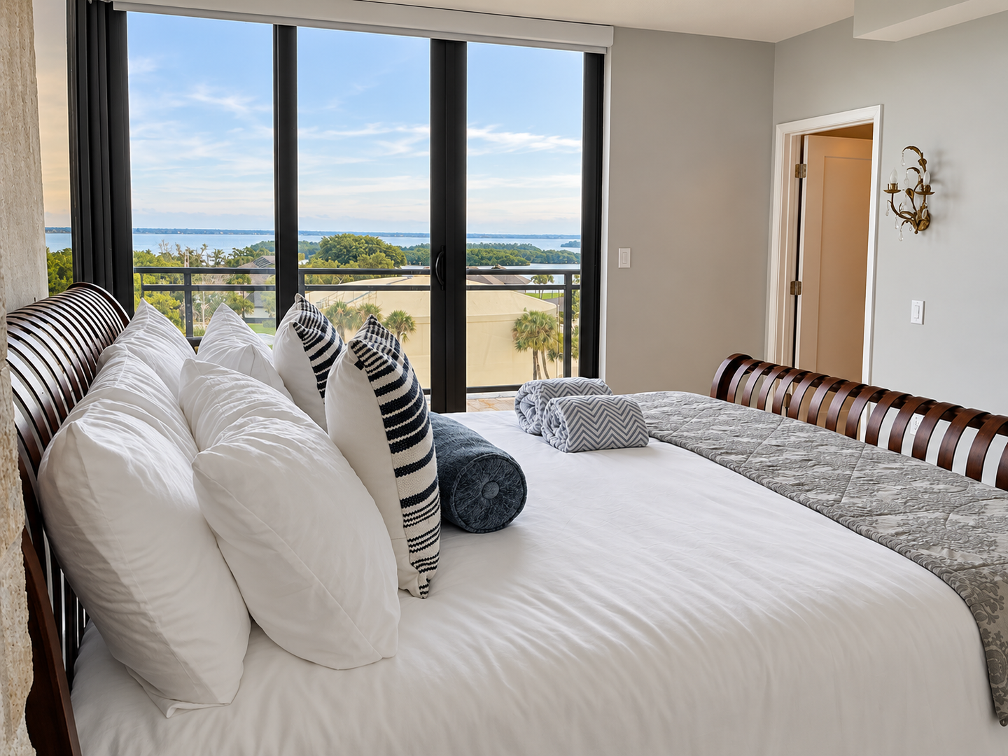 Elegant bedroom overlooking the water