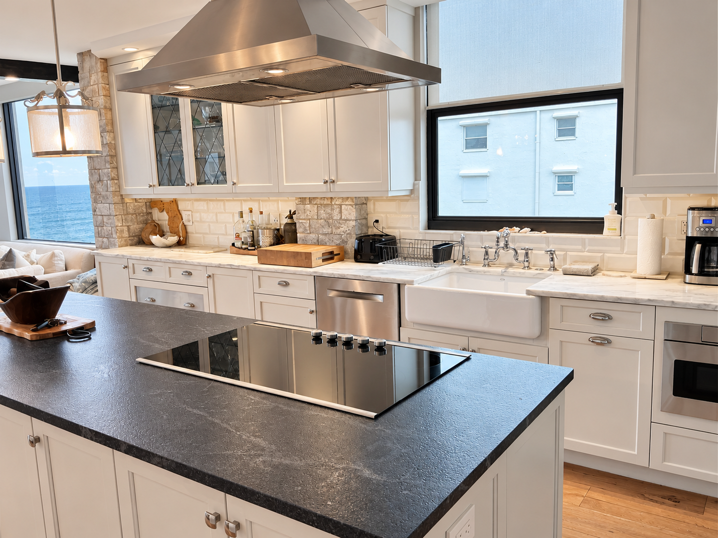 Bright shaker kitchen with water view
