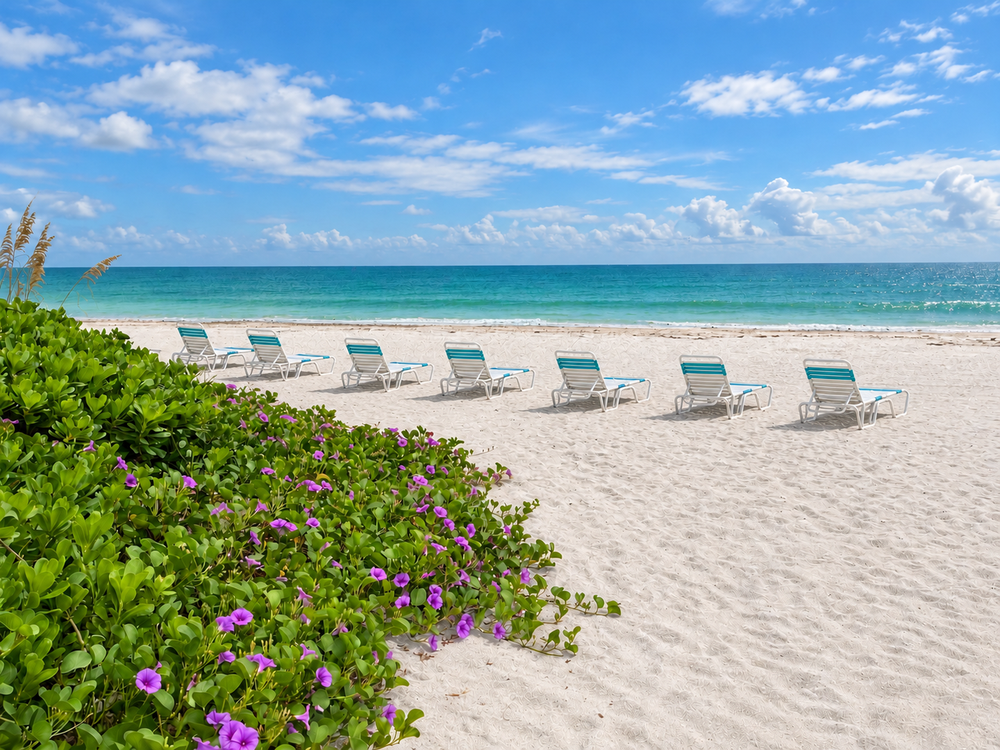 Turquoise lounge chairs by the ocean