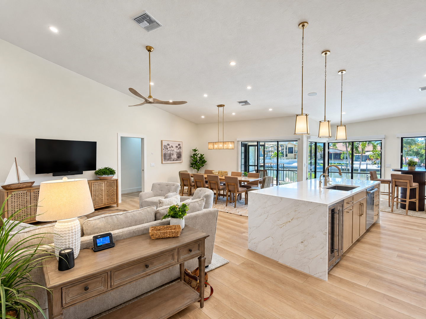 Bright canal-view interior, naturally refined