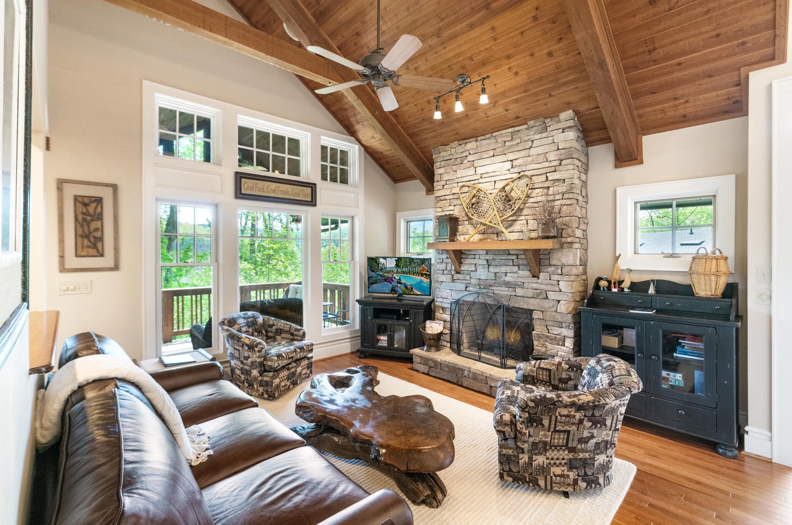 Living Room---Soaring Ceilings, Cozy Gas Logs, Mountain View