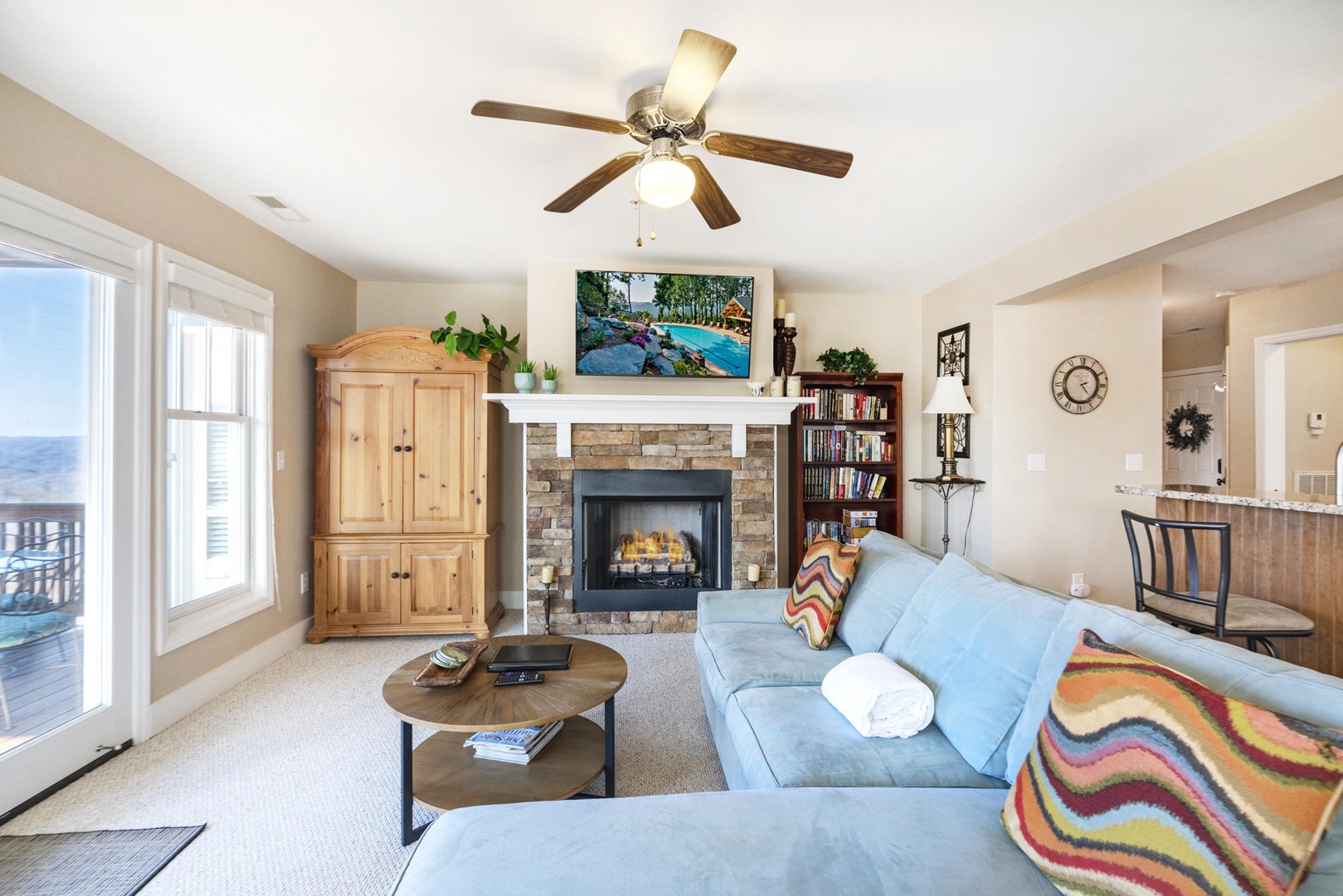 Living Room--- Cozy Fireplace, TV, Mountain View