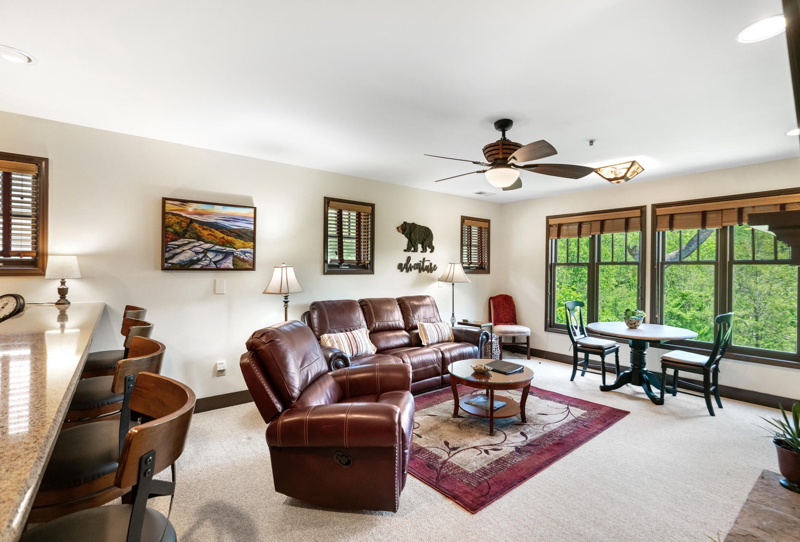 Living Room--- Cozy Fireplace, Mountain View
