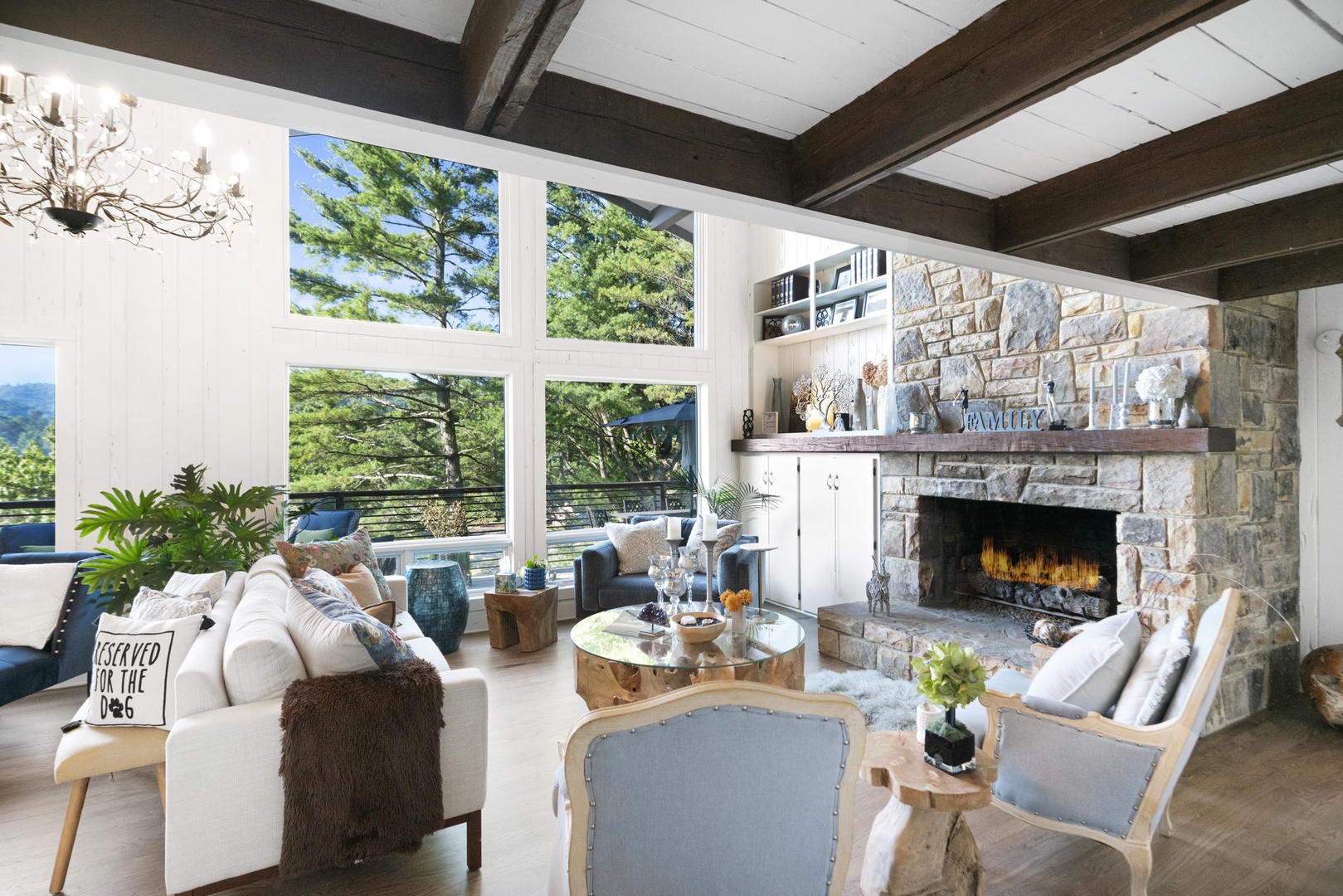 Living Room---Amply Seating, Fireplace, Stunning View
