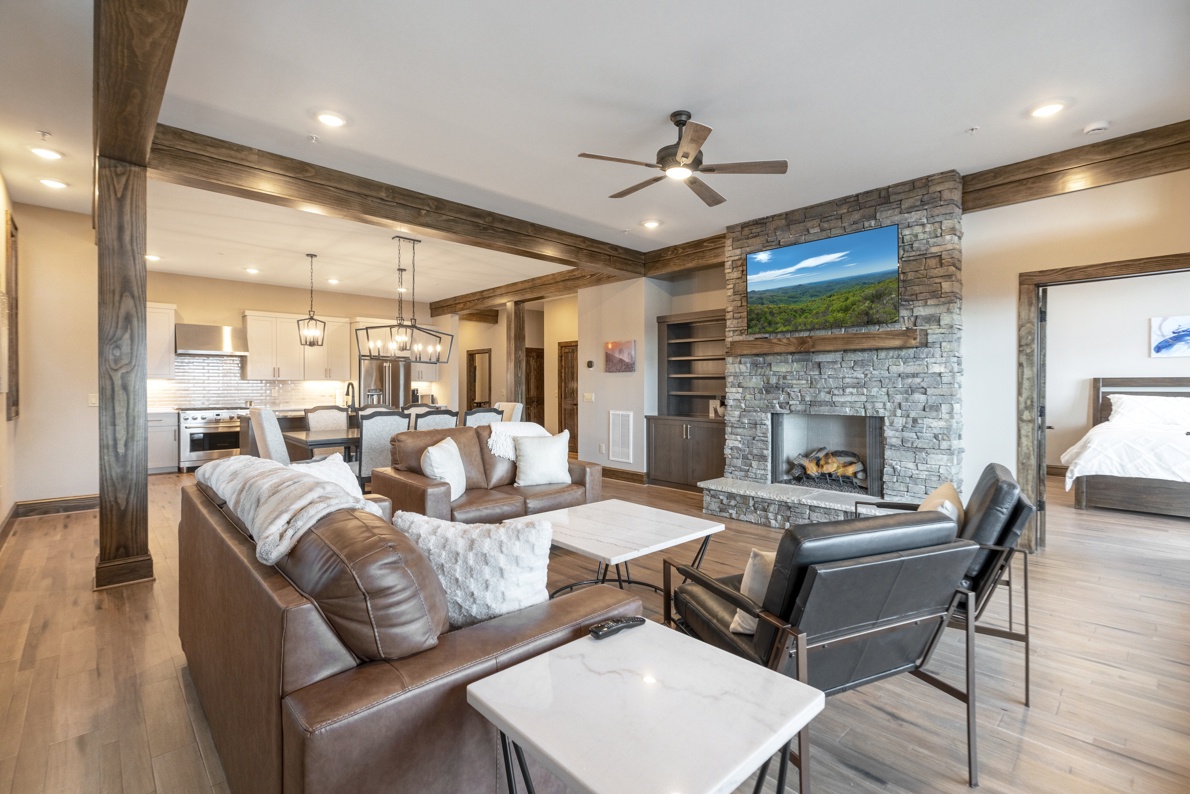 Living room --- Cozy Fireplace, TV, Mountain View