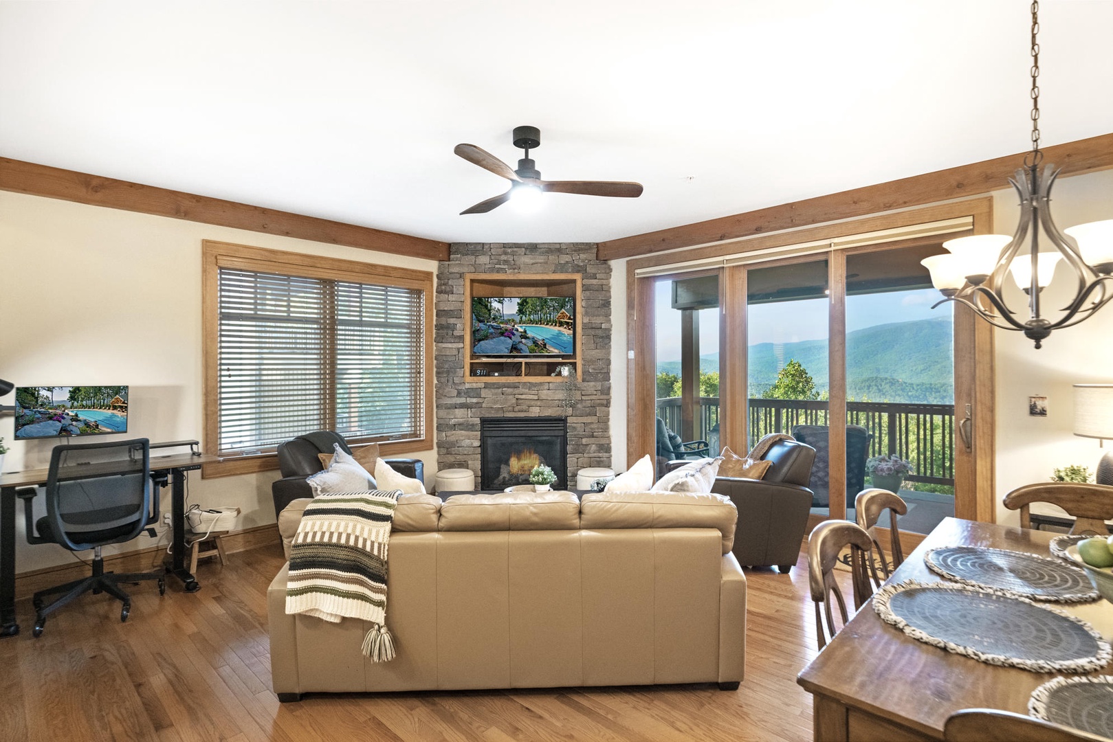 Living Room---Television, Gas Logs, Mountain View