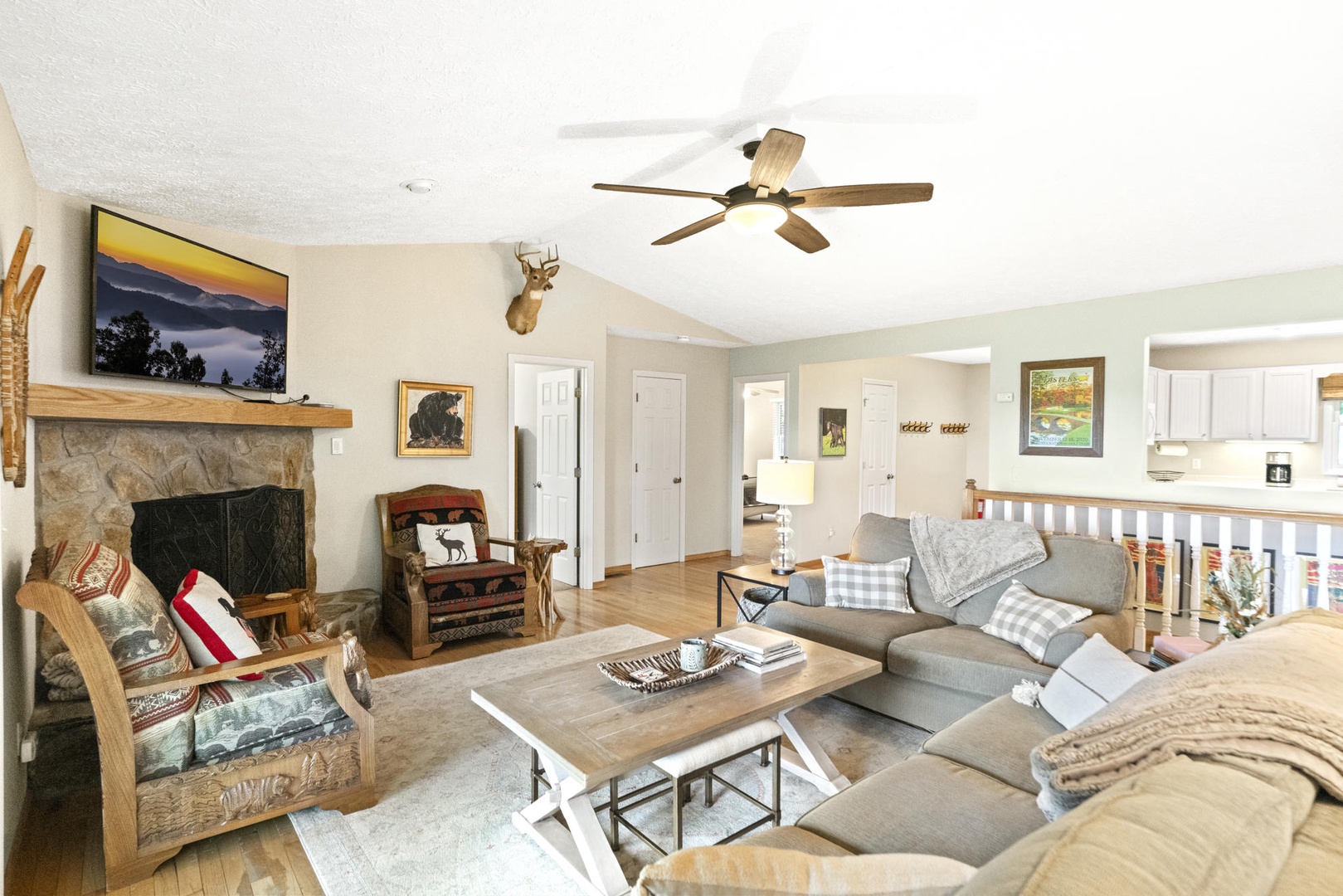 Living Room---Comfy Seating, Fireplace, Television
