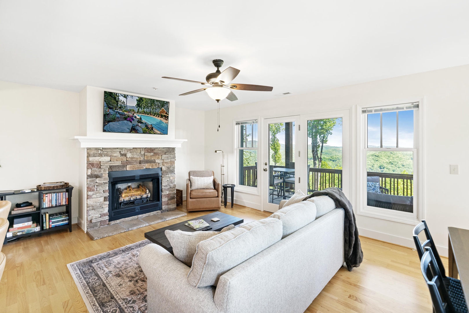 Living Room---Cozy Fireplace, Mountain View, Television
