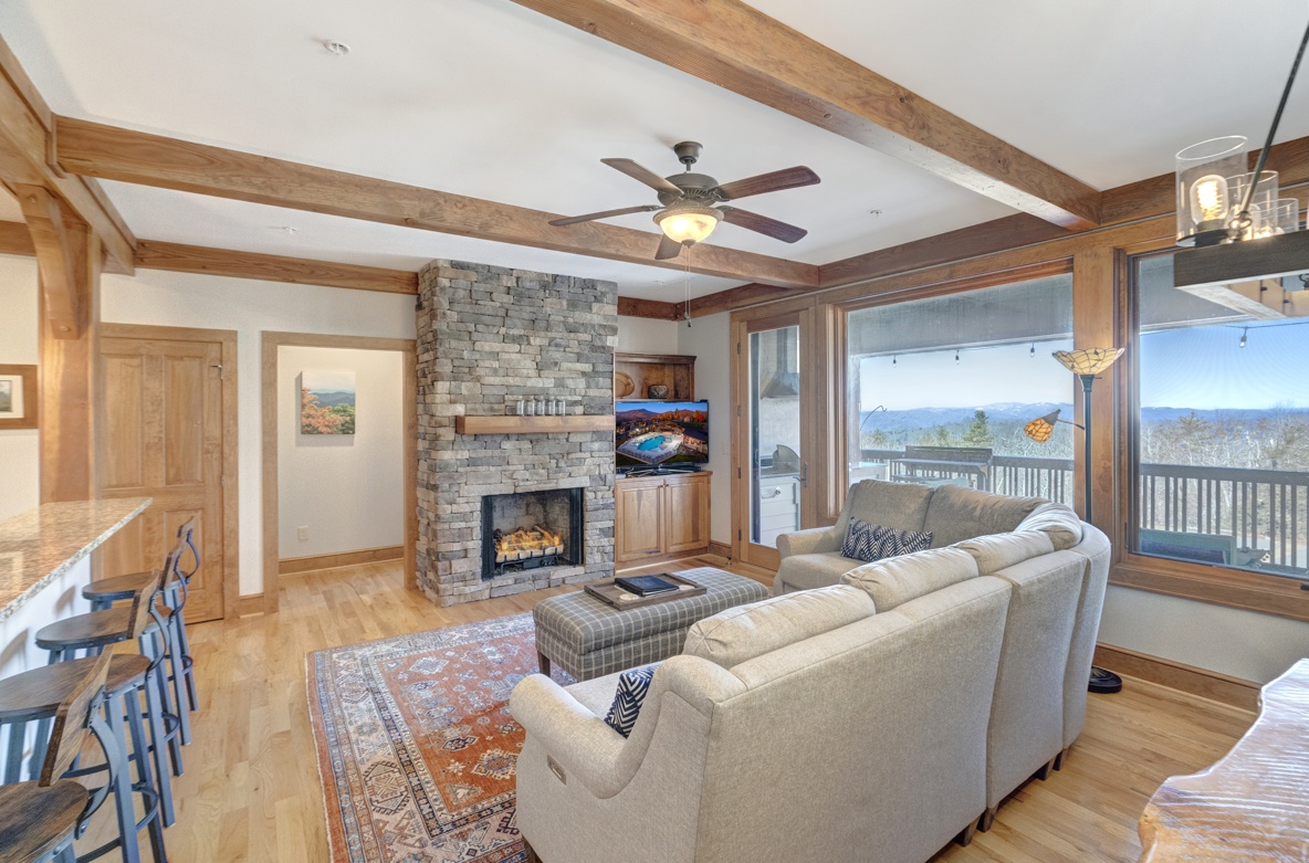 Living Room---Cozy Fireplace, Mountain View