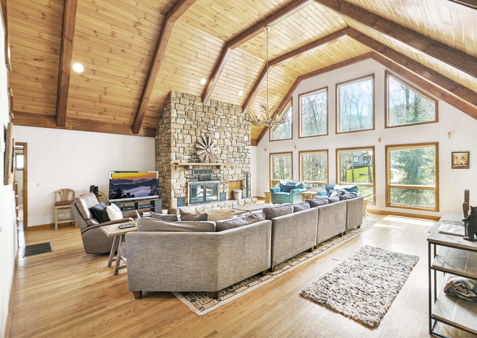 Living Room---Vaulted Ceilings, Natural Lighting, TV, Wood Burning Fireplace