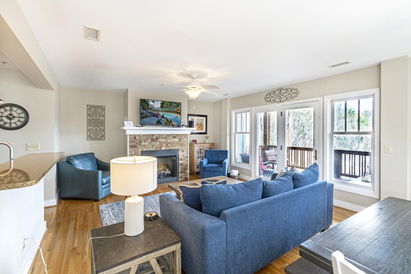 Living Room---Cozy Fireplace, TV, Mountain View