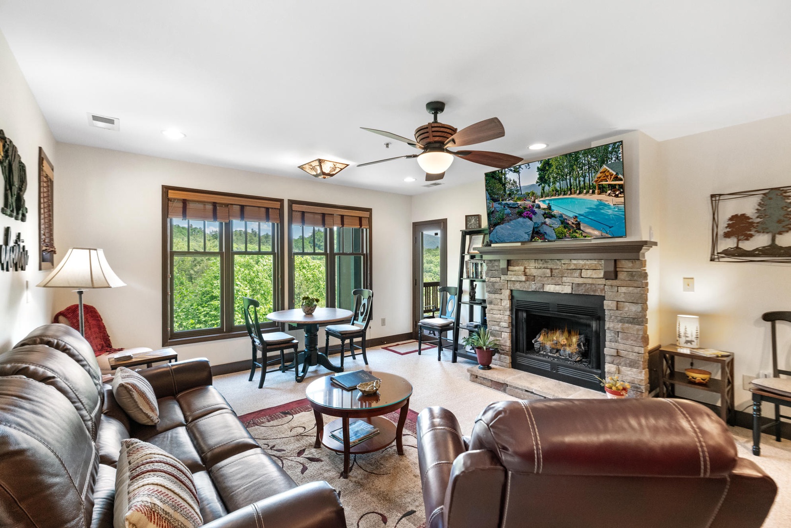 Living Room---Mountain View, Cozy Gas Logs, Television