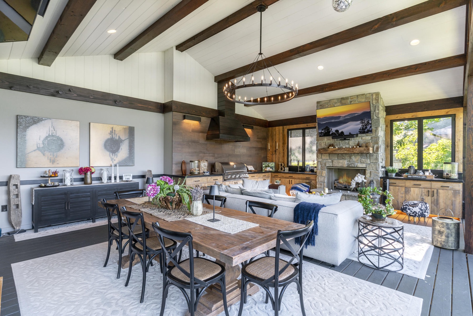 Indoor/Outdoor Living Room---Stunning View, Fireplace, Comfortable Seating, Dining Area