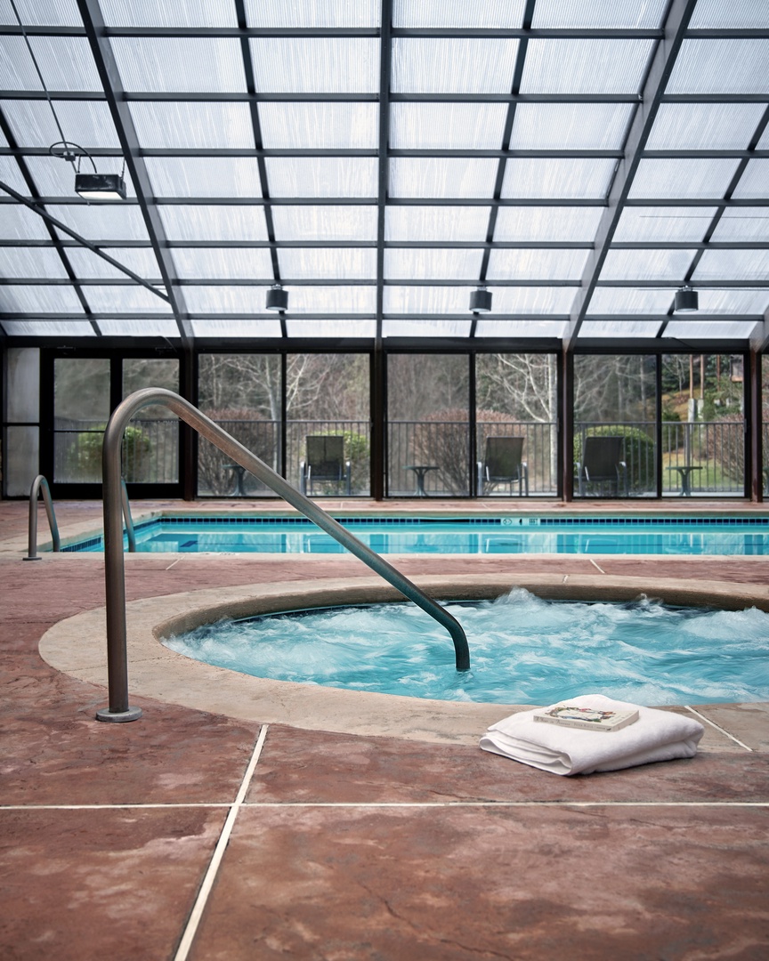 Slip into the bubbling hot tub after a refreshing swim, all beneath a bright skylit ceiling that brings the outdoors in while keeping you warm and relaxed year-round.