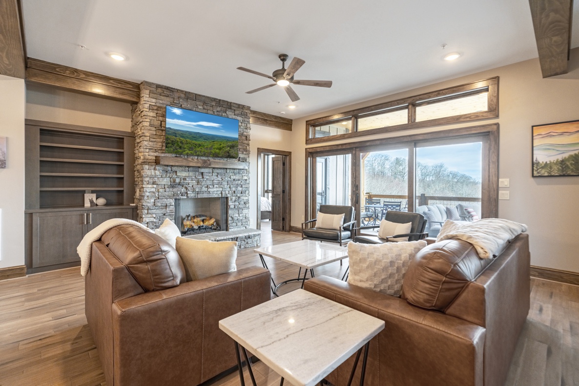 Living Room--- Cozy Fireplace, TV, Mountain View