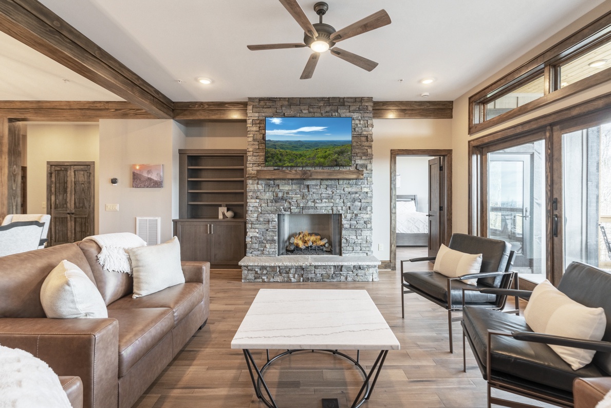Living Room--- Cozy Fireplace and TV