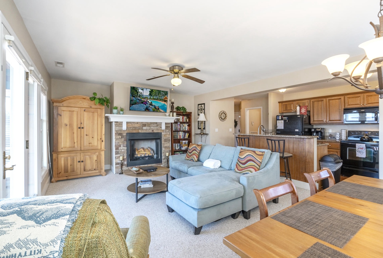 Living Room--- Cozy Gas Logs, TV