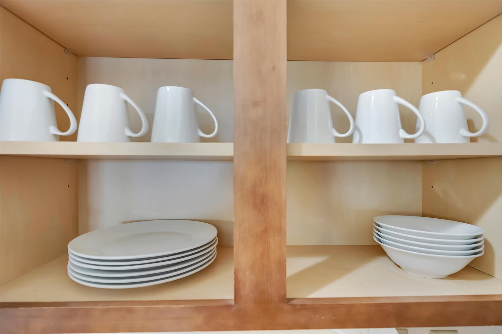 Your kitchen comes stocked with everything you need—clean white dishes, mugs, and bowls organized and ready for home-cooked meals or morning coffee.