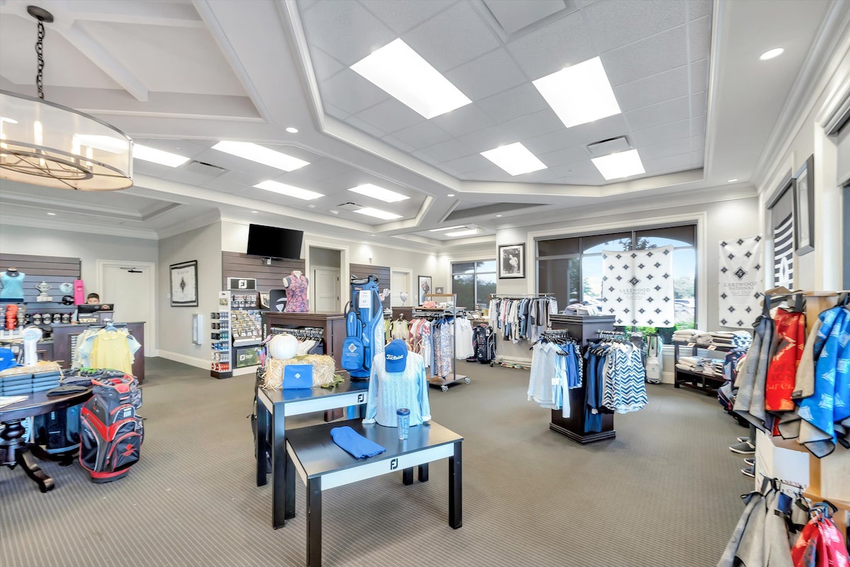 The on-site golf pro shop offers everything you need for a perfect day on the course, from clubs and apparel to accessories, all set in a bright, welcoming space with natural light and thoughtful displays.