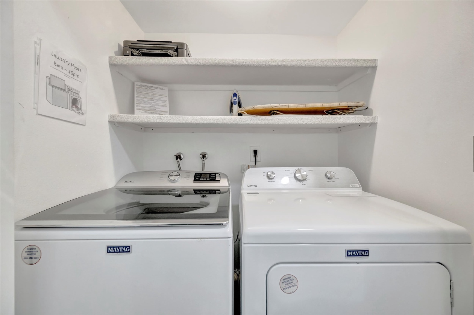 Enjoy the convenience of your own in-unit laundry room, complete with a full-size washer and dryer plus shelving for all your essentials. Fresh linens and towels at your fingertips—just like home.