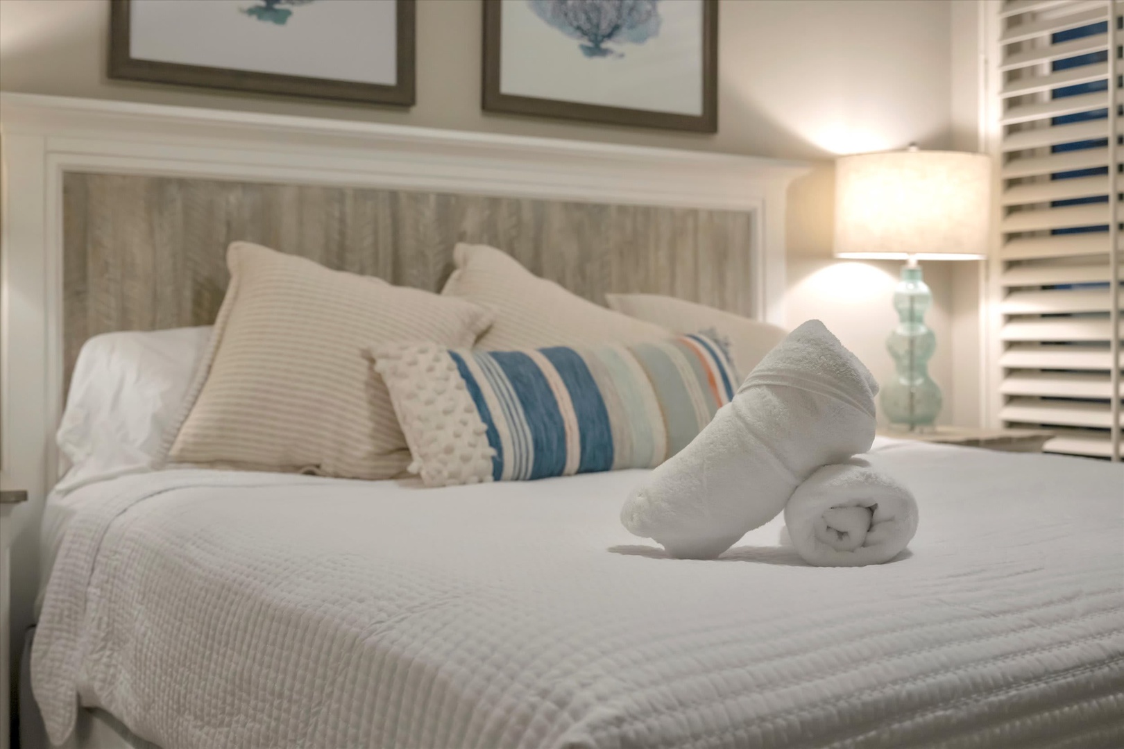 Slip into crisp white linens and plump pillows waiting just for you. Your fresh towels are already rolled and ready, while soft coastal tones create the perfect retreat after a long day.
