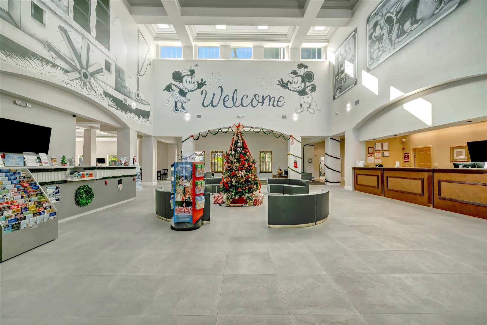 A bright, welcoming lobby greets you with a festive Christmas tree and cheerful Disney decor—step inside and feel the magic of your vacation begin.