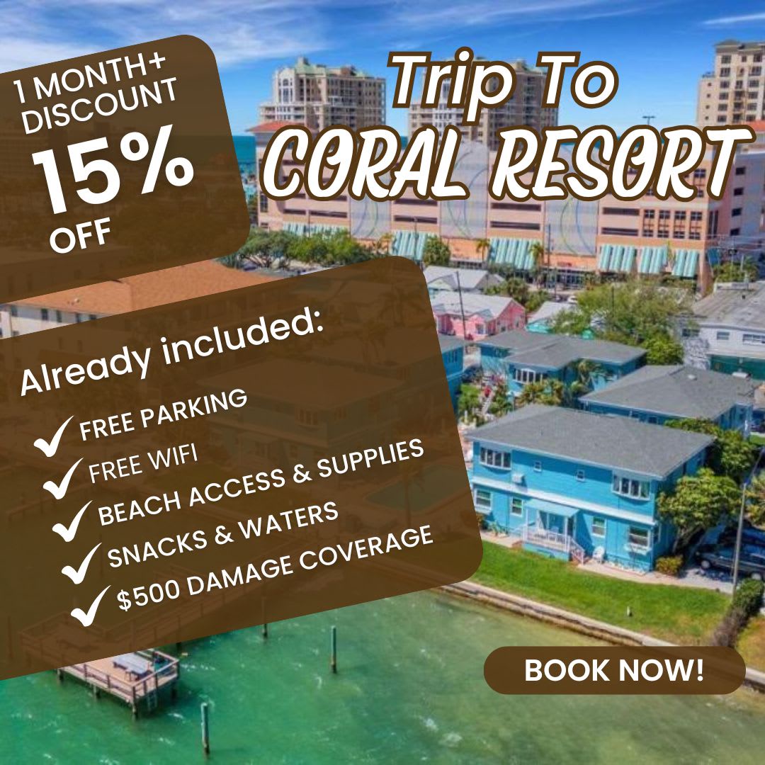A charming cluster of colorful vacation cottages nestled in a peaceful waterfront neighborhood, with nearby resort towers overlooking the turquoise bay.