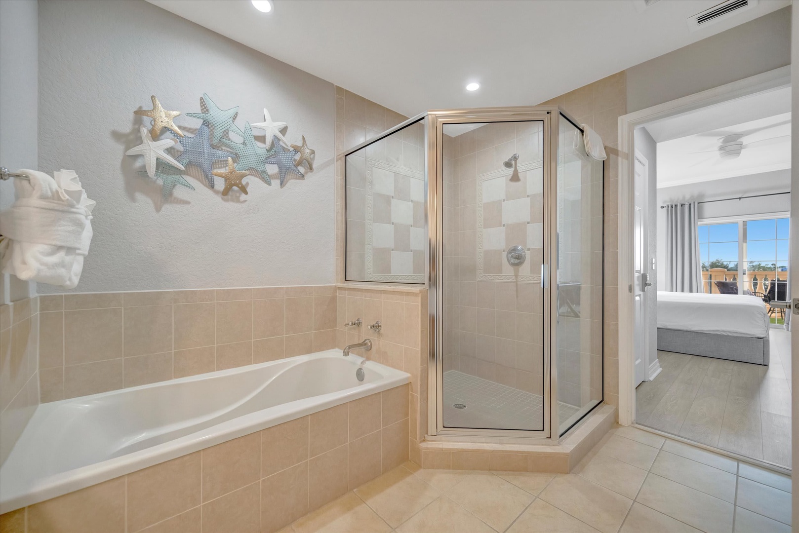 Your private retreat features a spa-like bathroom with a soaking tub and separate shower—perfect for unwinding after a day of adventure.