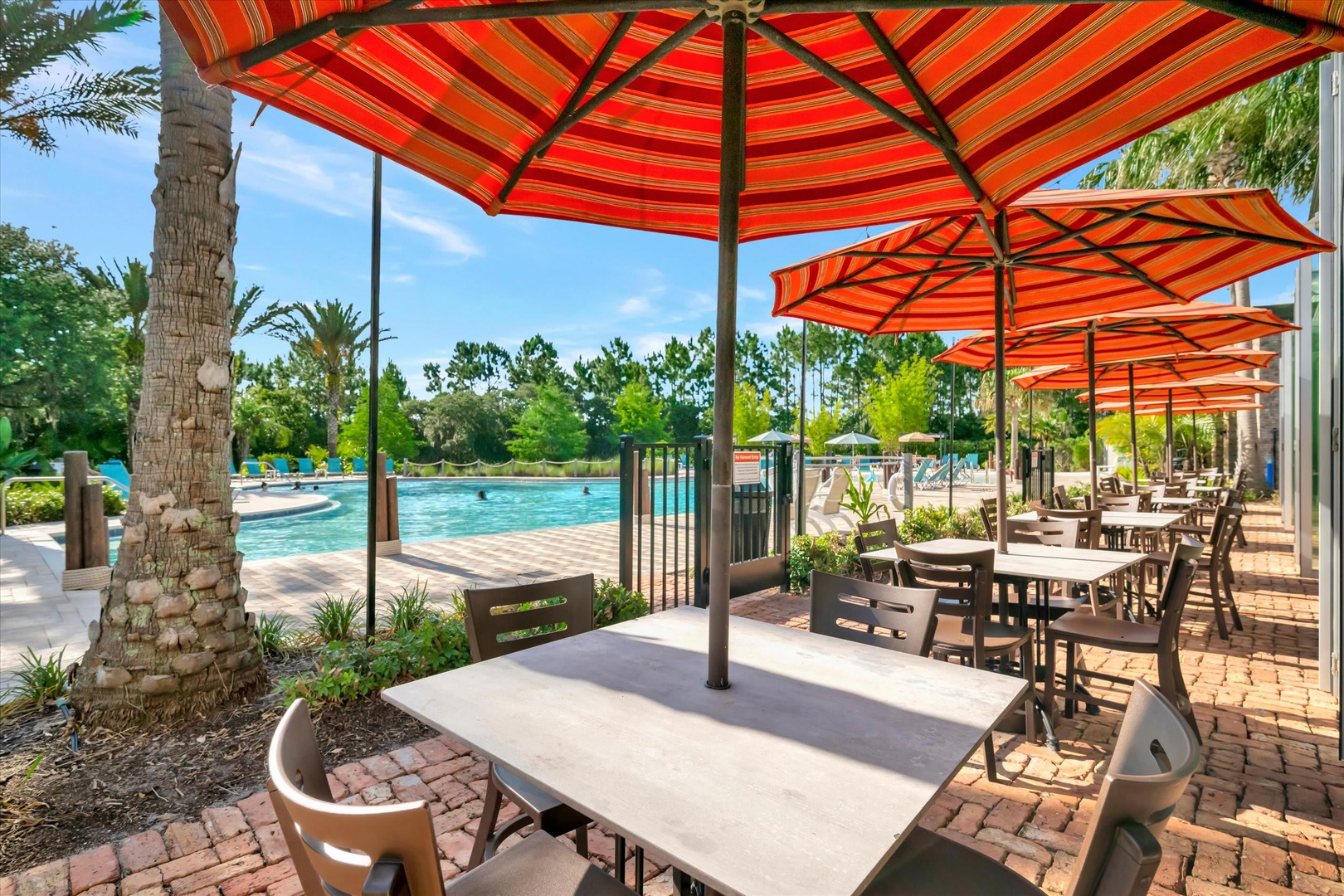 Relax poolside under vibrant striped umbrellas, where your sun-drenched table awaits with sparkling water and swaying palms all around.