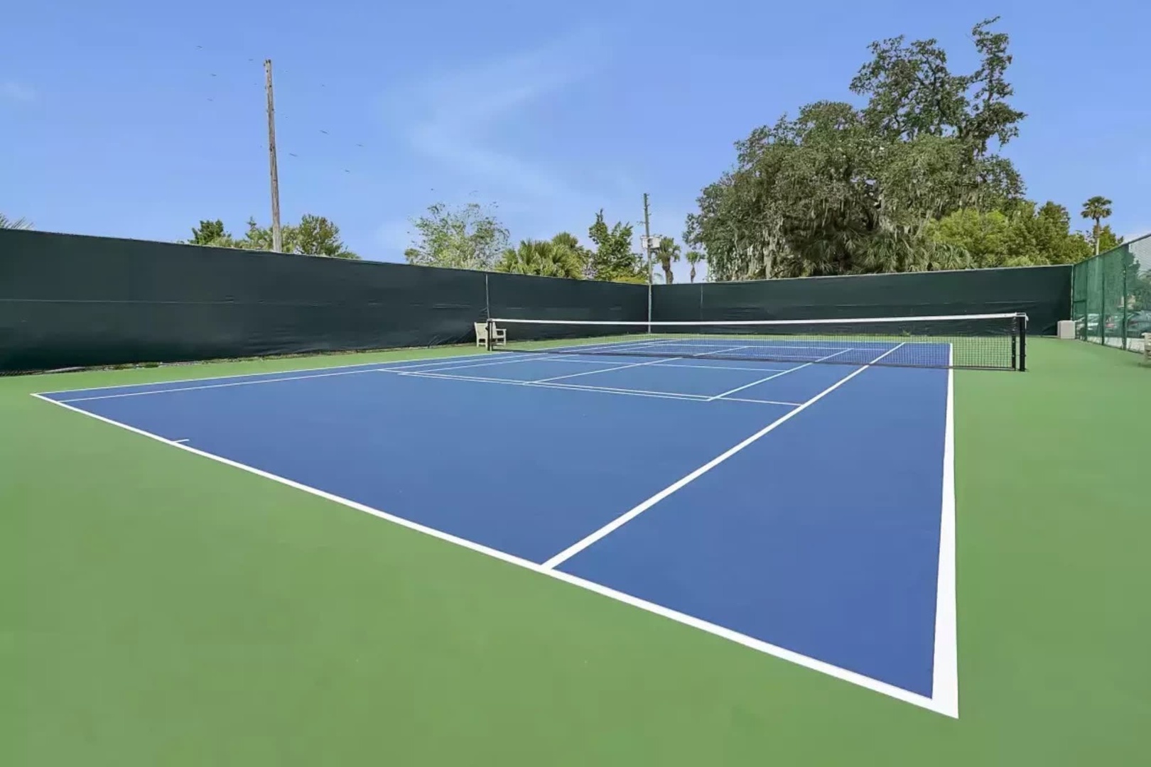 Your private tennis court awaits, set beneath swaying palms and Spanish moss-draped oaks—a perfect spot for a friendly match under the Florida sun.