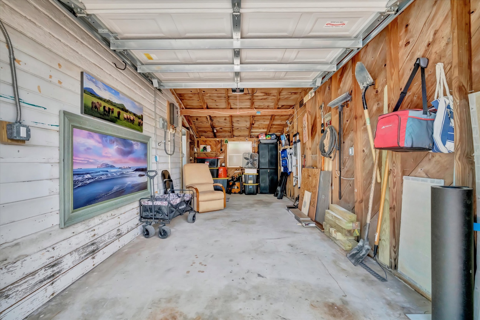 Clean, spacious garage with convenient storage and easy access for your gear and vehicles throughout your stay.
