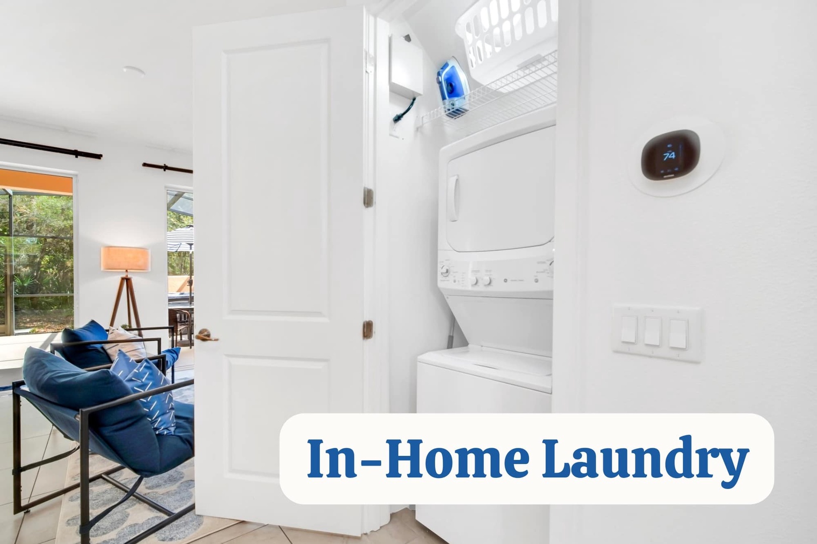 Your vacation includes the convenience of in-home laundry. A full washer and dryer combo sits tucked away, ready to refresh your wardrobe after beach days or morning hikes, so you can pack light and stay longer.