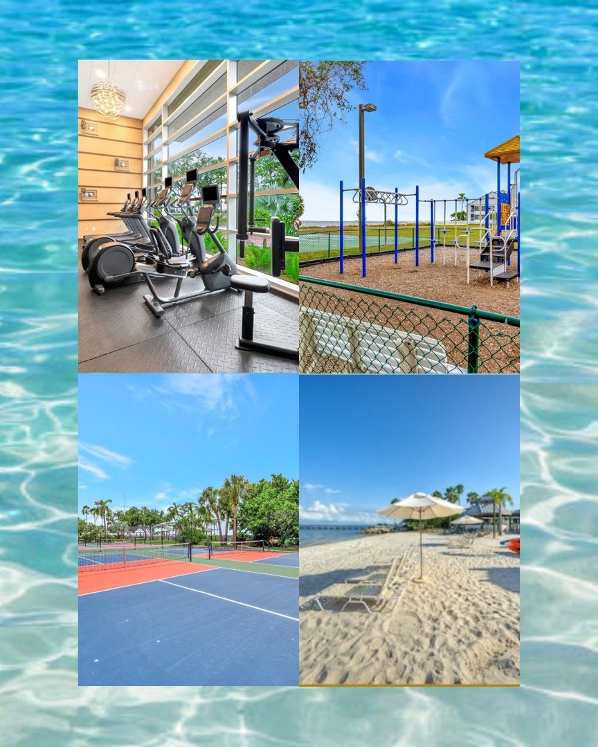 The property offers a full fitness center, tennis courts, beachfront access, and a playground—perfect for staying active or unwinding by the water during your stay.