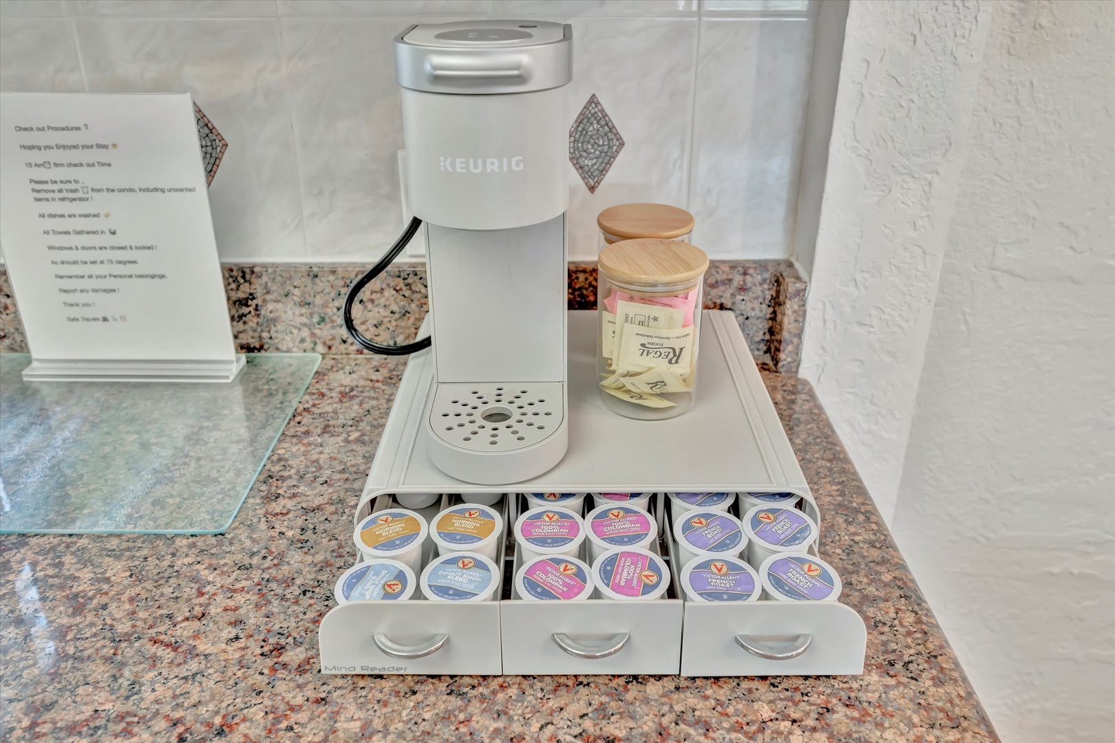 Wake up to your favorite brew with a Keurig coffee maker and selection of pods ready for you each morning.