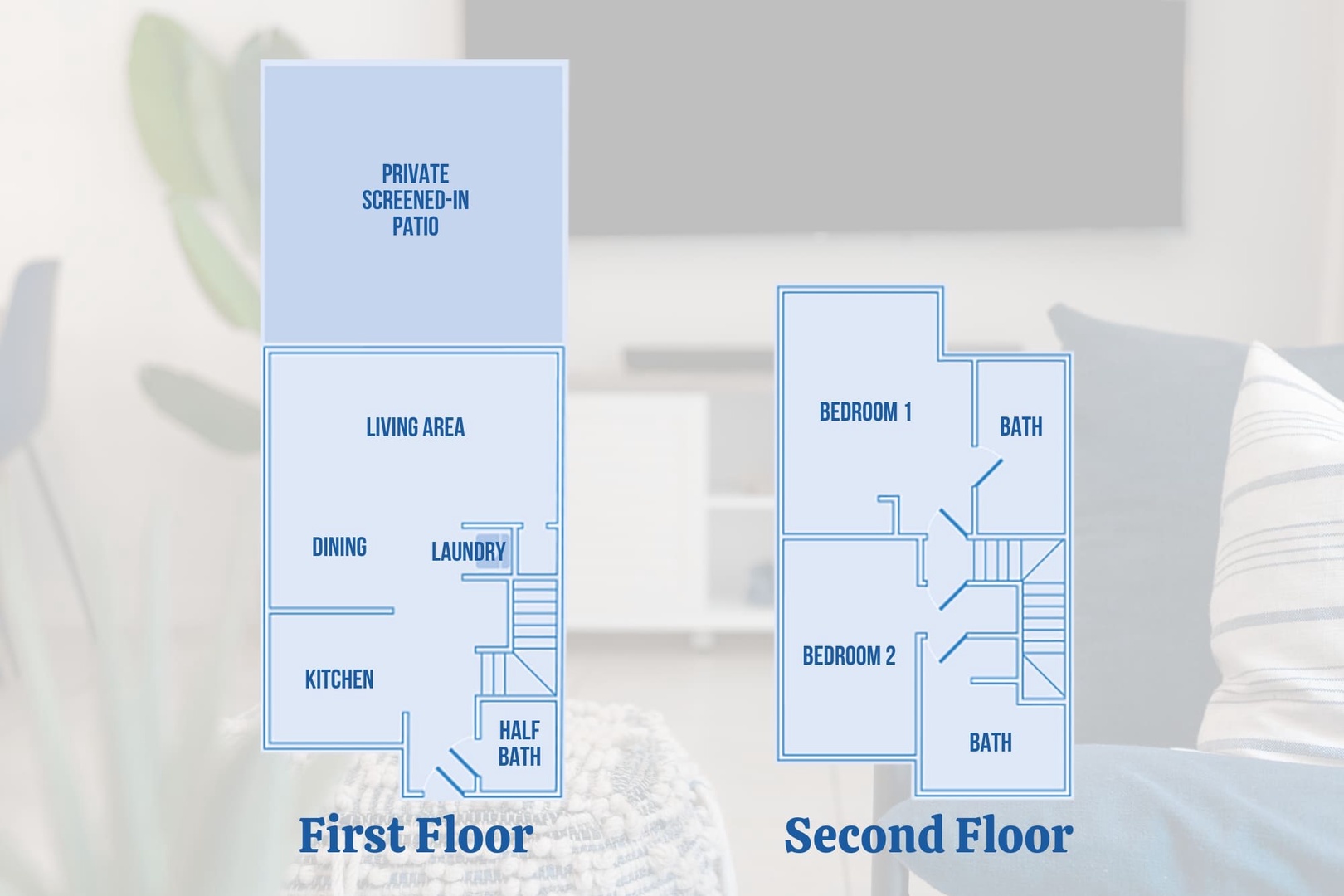 This layout shows the complete floor plan across both levels, highlighting the living areas, bedrooms, and private screened-in patio where you'll enjoy your stay.