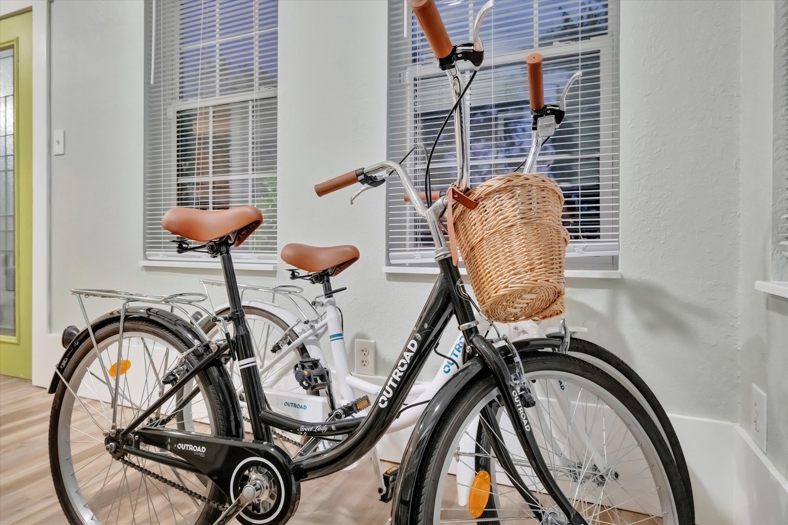Your complimentary beach cruisers with charming wicker baskets, ready to help you explore the neighborhood at your leisure.