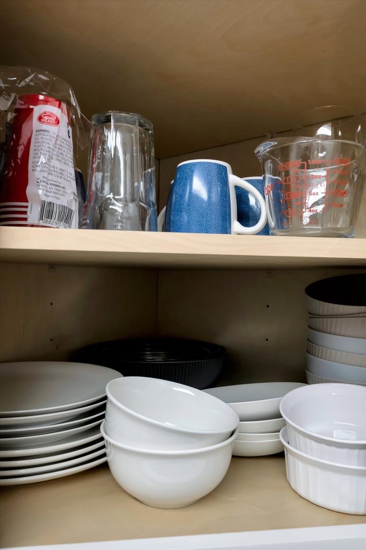 Your kitchen comes fully stocked with dishes, glassware, mugs, and serving bowls—everything you need to cook, dine, and feel at home during your stay.
