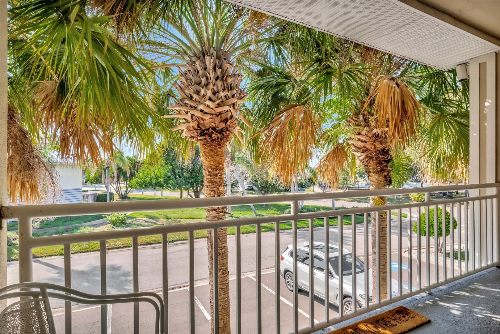 The property is surrounded by tall palm trees and landscaped grounds visible from this covered balcony area.