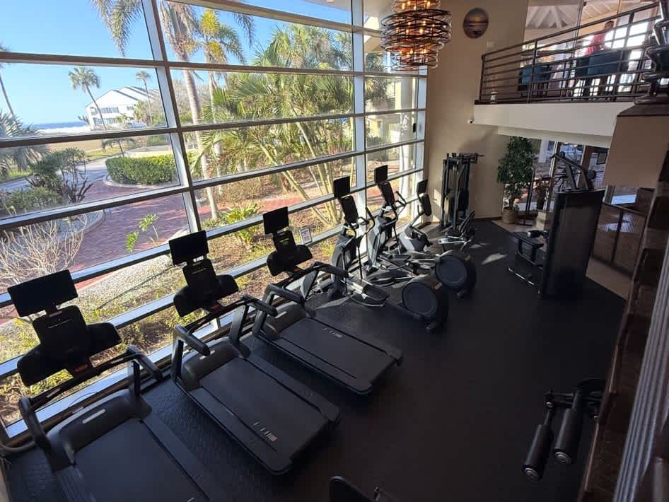 A bright, modern fitness center with floor-to-ceiling windows overlooking tropical palms invites you to start your day with an energizing workout in natural light.