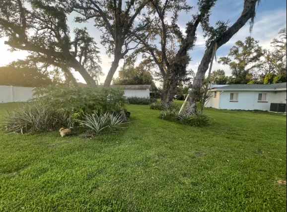 A spacious garden and natural landscape surround the property, with mature trees offering shade and a peaceful neighborhood setting perfect for relaxing outdoors.
