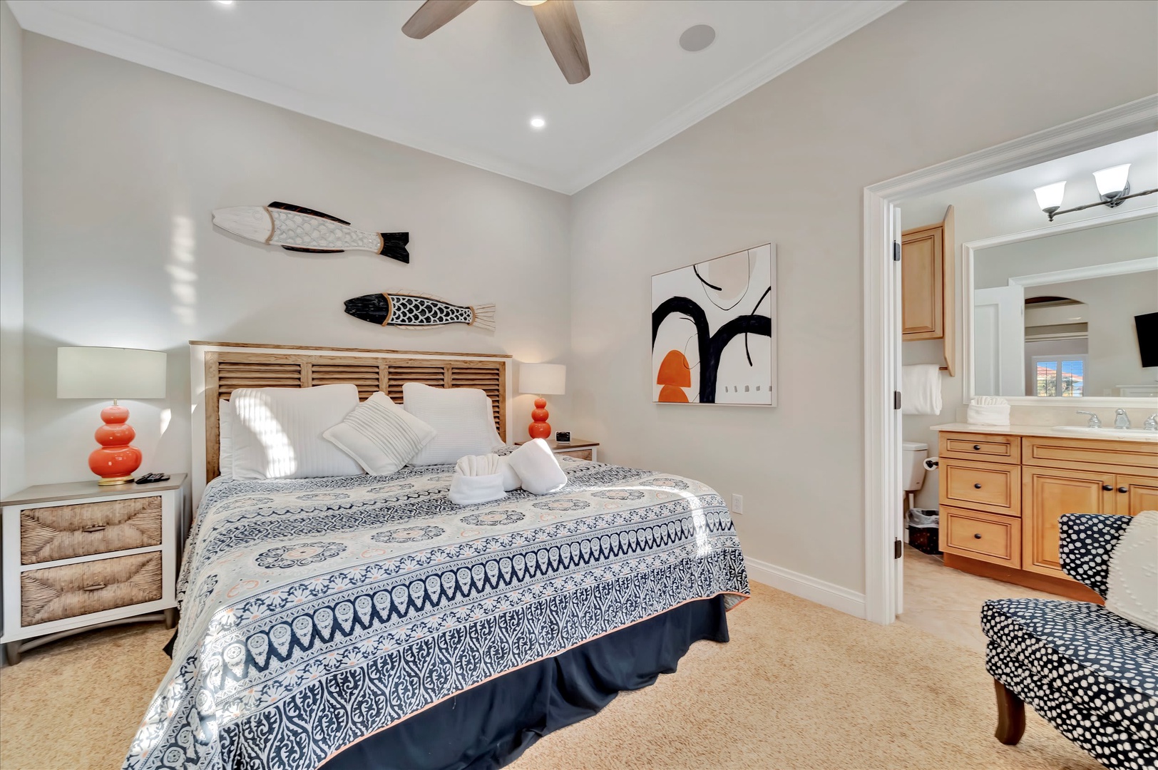 Drift off in coastal comfort where modern style meets beach-inspired charm. Your restful suite features elegant furnishings and thoughtful touches, with an inviting ensuite just steps away for your convenience.