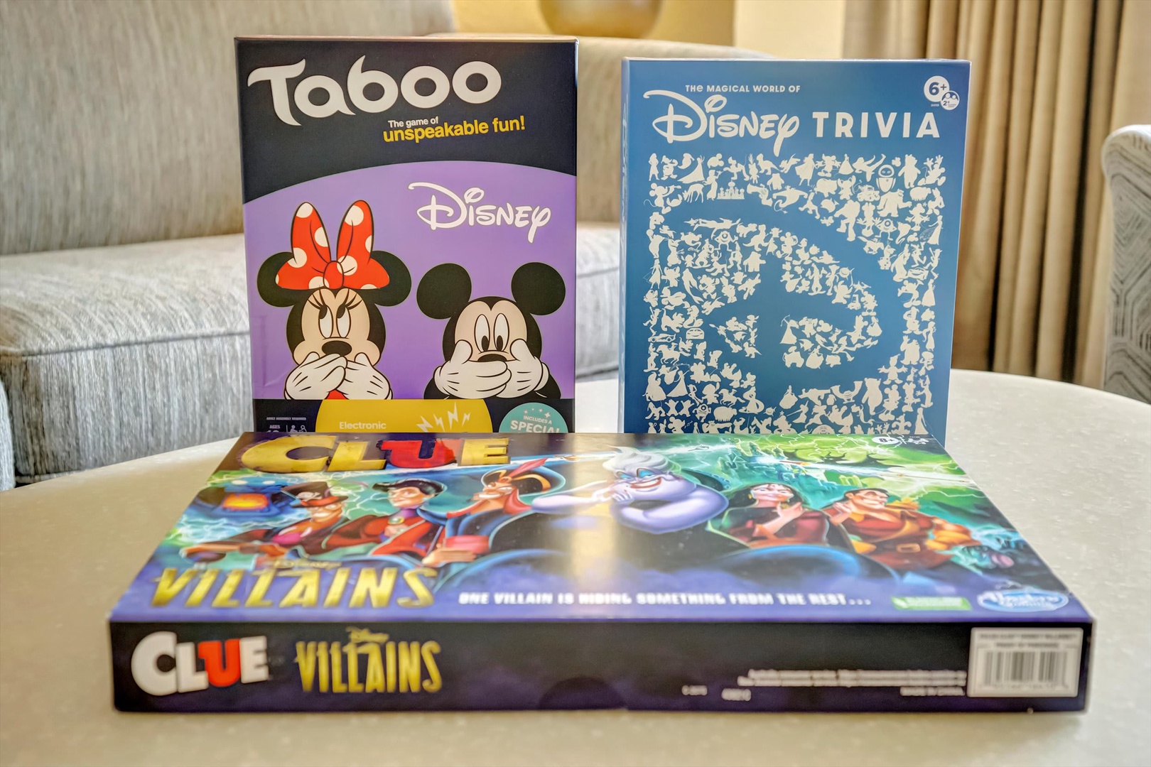 Game night awaits! Gather your crew around this cozy living area and enjoy friendly competition with Taboo, Disney Trivia, and Clue Villains—perfect for making memories on your vacation.